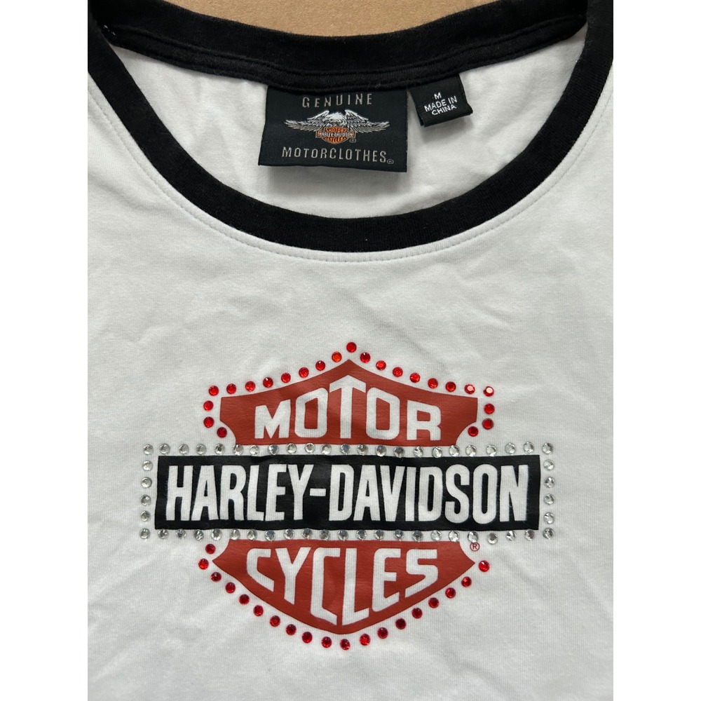Harley-Davidson Womens White Rhinestone Logo Colorblock Ringer T-Shirt Medium - Picture 2 of 8